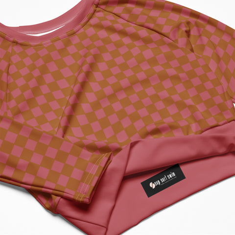Copper & Pink Checkered Board crop long sleeve rash guard swim top