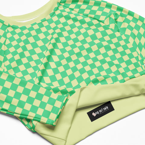 Green & Yellow Checkered Board crop long sleeve rash guard swim top