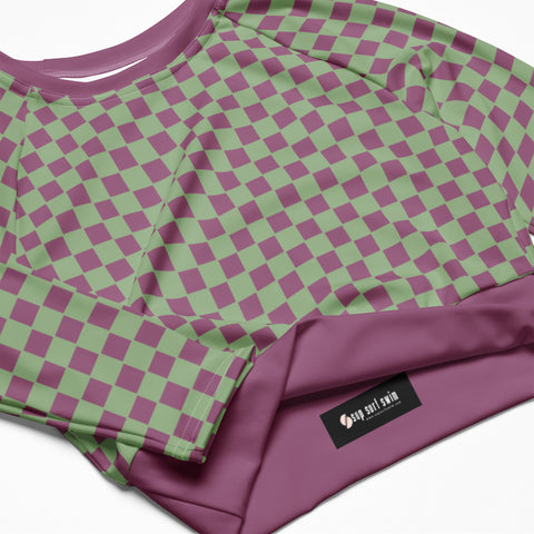 Retro Purple & Green Checkered Board crop long sleeve rash guard swim top