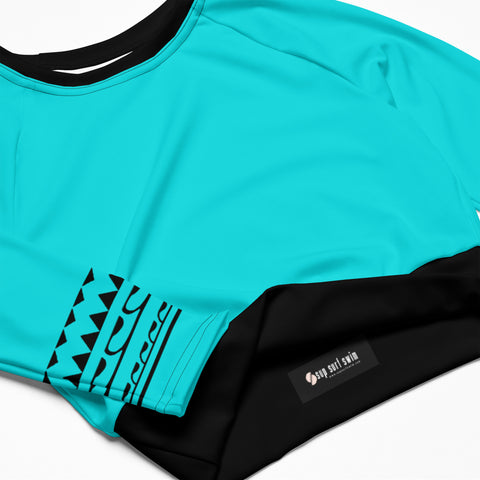 Into The Greens tropical long-sleeve crop rash guard swim top (teal & black solid colours)