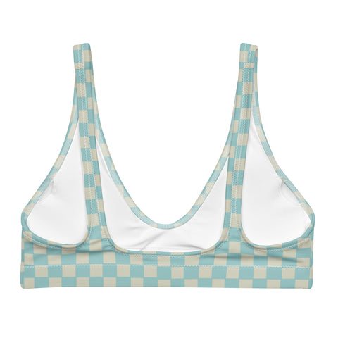 Soft Blue & Cream Checkered Board padded bikini top (recycled, eco)