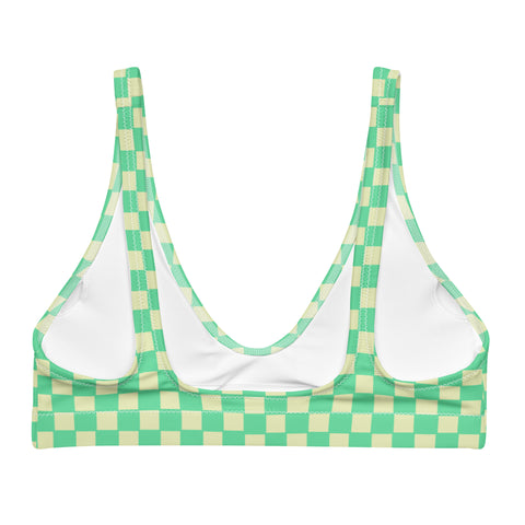 Green & Yellow Checkered Board padded bikini top (recycled, eco)