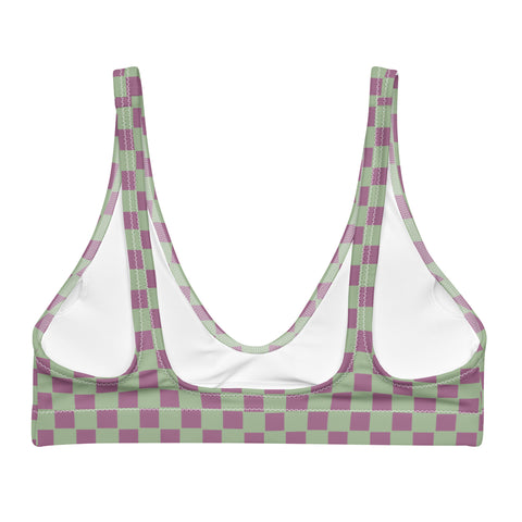 Retro Purple & Green Checkered Board padded bikini top (recycled, eco)