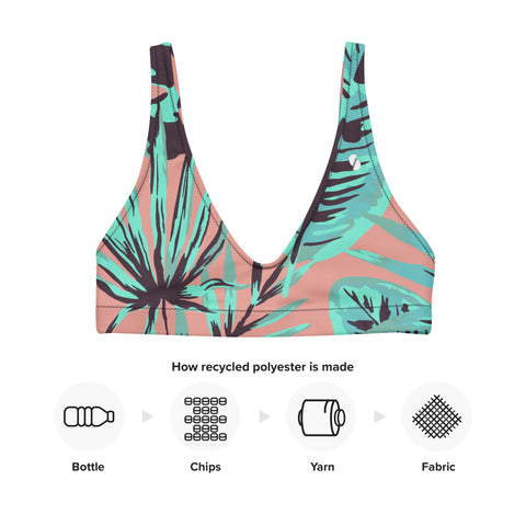 Psychedelic Jungle Mint & Coral padded bikini top (recycled, eco)