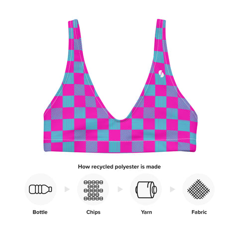 Cerise & Neon Aqua Checkered Board padded bikini top