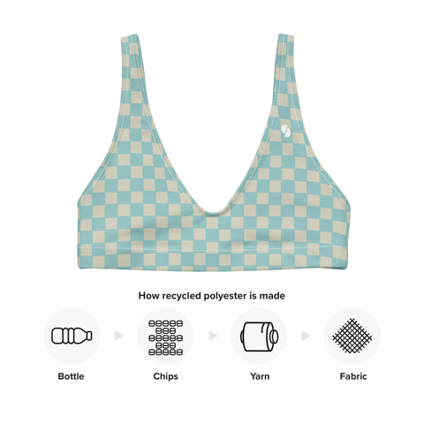 Soft Blue & Cream Checkered Board padded bikini top (recycled, eco)