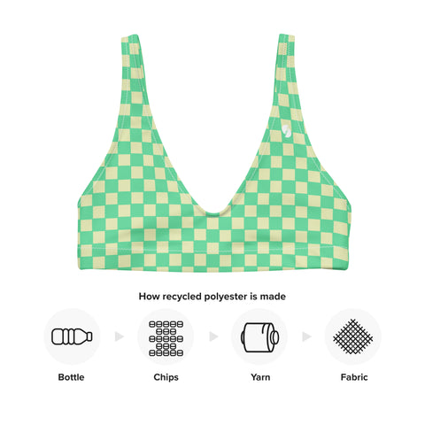 Green & Yellow Checkered Board padded bikini top (recycled, eco)