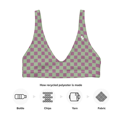 Retro Purple & Green Checkered Board padded bikini top (recycled, eco)