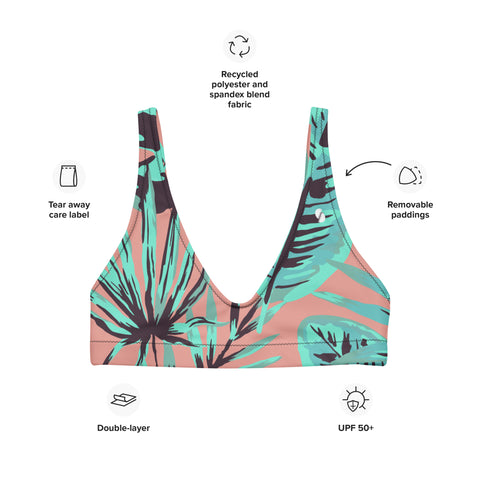 Psychedelic Jungle Mint & Coral padded bikini top (recycled, eco)