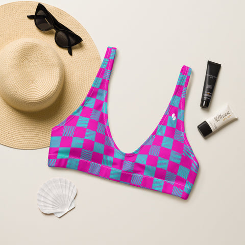 Cerise & Neon Aqua Checkered Board padded bikini top