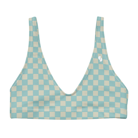 Soft Blue & Cream Checkered Board padded bikini top (recycled, eco)