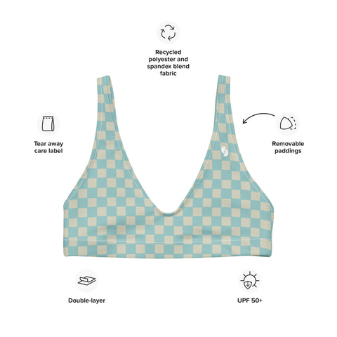 Soft Blue & Cream Checkered Board padded bikini top (recycled, eco)