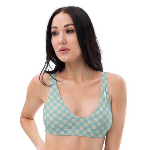 Soft Blue & Cream Checkered Board padded bikini top (recycled, eco)