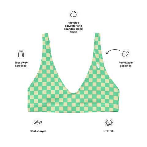 Green & Yellow Checkered Board padded bikini top (recycled, eco)