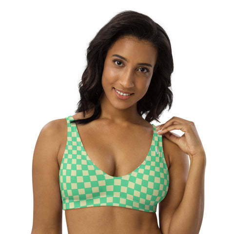 Green & Yellow Checkered Board padded bikini top (recycled, eco)