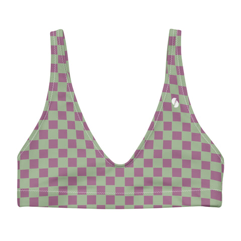 Retro Purple & Green Checkered Board padded bikini top (recycled, eco)