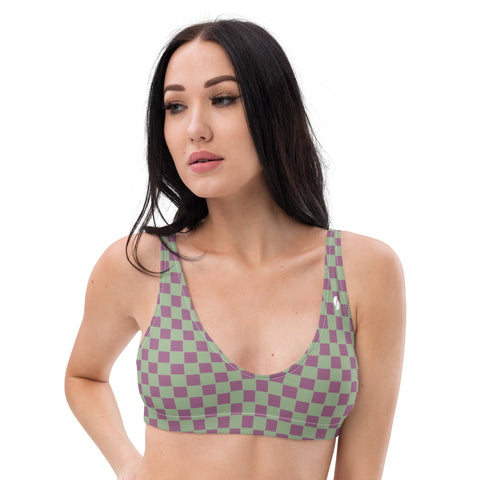 Retro Purple & Green Checkered Board padded bikini top (recycled, eco)