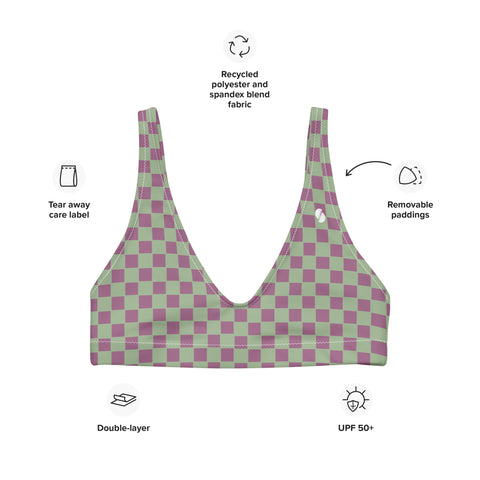 Retro Purple & Green Checkered Board padded bikini top (recycled, eco)