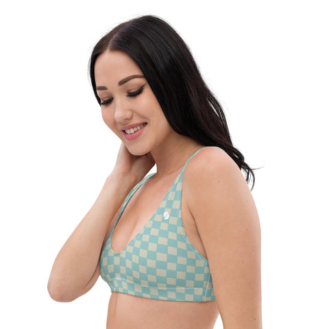 Soft Blue & Cream Checkered Board padded bikini top (recycled, eco)