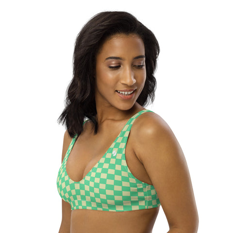 Green & Yellow Checkered Board padded bikini top (recycled, eco)