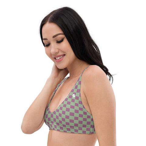 Retro Purple & Green Checkered Board padded bikini top (recycled, eco)