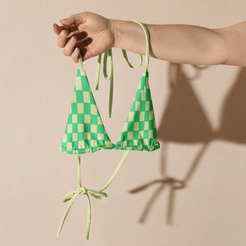 Green & Yellow Checkered Board recycled string bikini top