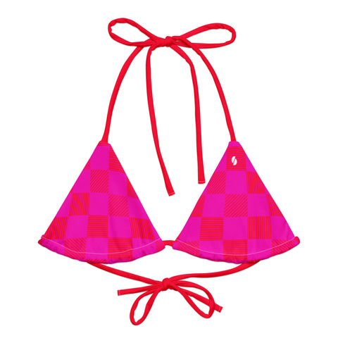 Cerise & Red Checkered Board recycled string bikini top