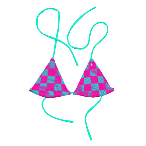 Cerise & Neon Aqua Checkered Board recycled string bikini top