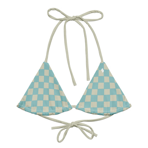 Soft Blue & Cream Checkered Board recycled string bikini top