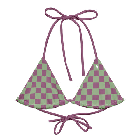 Retro Purple & Green Checkered Board recycled string bikini top