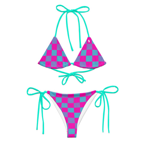 Cerise & Neon Aqua Checkered Board string bikini set