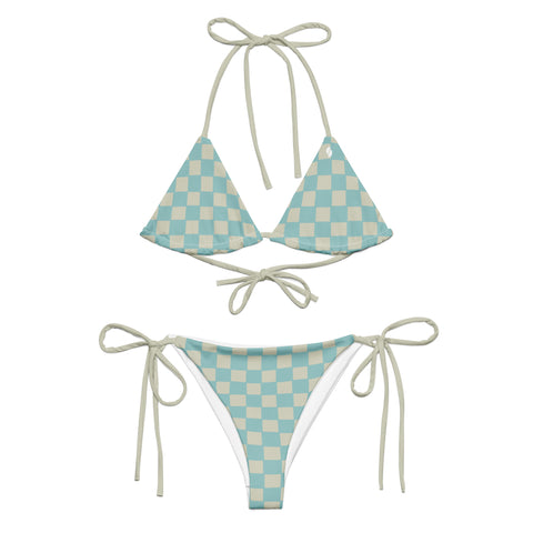 Soft Blue & Cream Checkered Board string bikini set