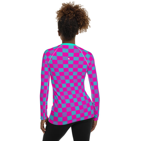 Cerise & Neon Aqua Checkered Board long-sleeve rash guard swim top