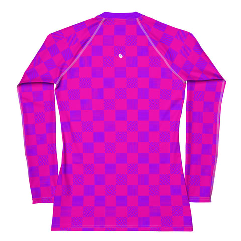 Cerise & Purple Checkered Board long-sleeve rash guard swim top