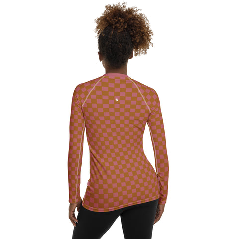 Copper & Pink Checkered Board long-sleeve rash guard swim top
