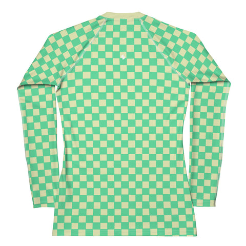 Green & Yellow Checkered Board long-sleeve rash guard swim top