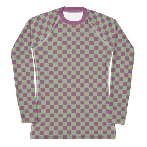 Retro Purple & Green Checkered Board long-sleeve rash guard swim top