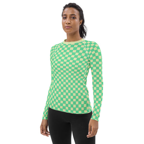 Green & Yellow Checkered Board long-sleeve rash guard swim top
