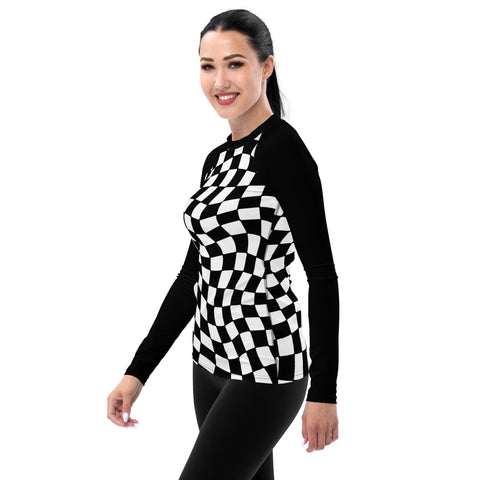Black & White Checkered Board long-sleeve rash guard swim top