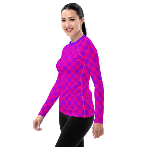 Cerise & Purple Checkered Board long-sleeve rash guard swim top
