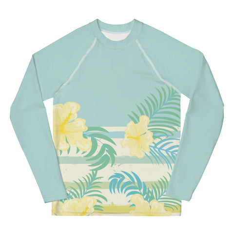 Maya Blue & Yellow Hibiscus tween long-sleeve rash guard swim top