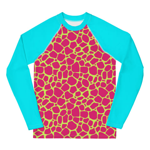 Vinnie Neon Pink & Teal Giraffe tween long sleeve rash guard swim top