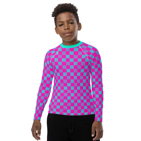 Logan Cerise & Neon Blue Checkered Board tween long-sleeve rash guard top