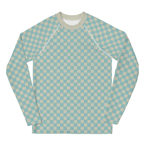 Ash Blue & Cream Checkered Board tween long-sleeve rash guard top