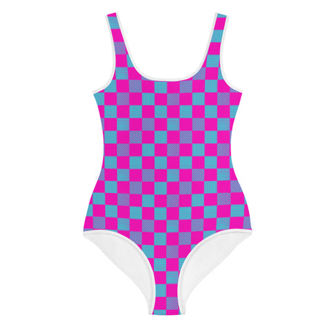 Logan Cerise & Neon Blue Checkered Board tween full swimsuit