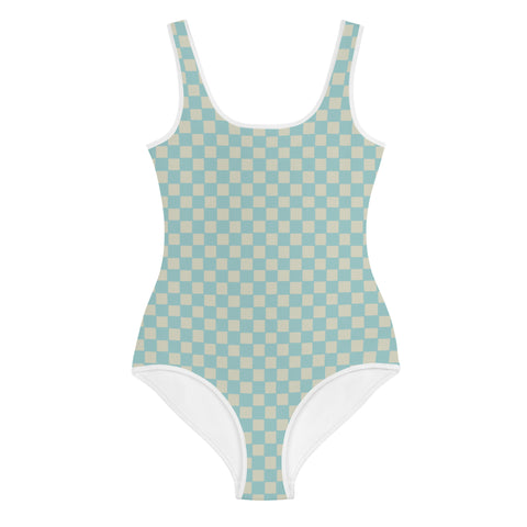 Ash Blue & Cream Checkered Board tween full swimsuit