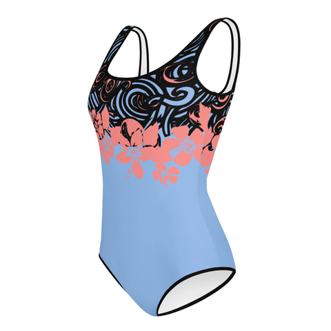 Charlie Blue & Coral Hibiscus tween full swimsuit